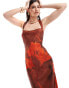 ASOS DESIGN satin wide neck cross back strap maxi dress in rust floral print