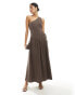 4th & Reckless linen mix one shoulder dropped hem side cut out midaxi dress in brown