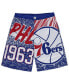 Фото #3 товара Шорты мужские Mitchell&Ness Philadelphia 76ers "Jumbotron" рояльного цвета 76ers, крупные и длинные.
