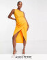 ASOS DESIGN Petite – Midikleid in Sunset-Gelb mit One-Shoulder-Träger und Wickelrock mit Biesen