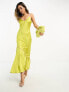 Never Fully Dressed asymmetric contrast satin slip dress in chartreuse