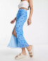 Urban Threads mesh midaxi skirt with lettuce hem in blue ditsy floral