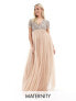 Фото #2 товара Maya Maternity Bridesmaid short sleeve maxi tulle dress with tonal delicate sequins in muted blush