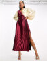 ASOS DESIGN pleated satin wrap button detail midi dress in berry and cream colourblock