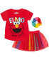 Фото #1 товара Baby Girls Elmo Graphic T-Shirt Mesh Skirt and Scrunchie 3 Piece Outfit Set Red/Rainbow