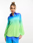 Flounce London button up oversized satin shirt in ombre blue and green co-ord