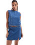 ASOS DESIGN denim high neck top in mid blue BLAU, S - EU 36-38 - фото #1