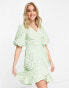 Фото #1 товара Pieces Premium embroidered wrap puff sleeve mini dress in green