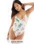 ASOS DESIGN Petite v-front swimsuit in postcard print