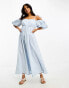 ASOS DESIGN Petite off shoulder cotton midi dress with ruched bust detail in cornflower blue