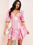 Фото #1 товара ASOS LUXE jacquard plunge mini dress with tiered hem & puff sleeve in pink