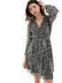 ONLY v neck tie waist mini smock dress in leopard