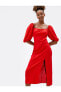 Фото #2 товара Платье женское Koton Midi Elbise Вискозное смешанное с льном с разрезом и объемным рукавом