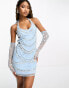 Starlet halterneck mini dress with pearl and diamante embellishment in baby blue