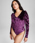 Фото #4 товара Women's Puff-Shoulder V-Neck Velvet Bodysuit, Created for Macy's