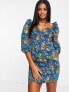 Фото #5 товара ASOS DESIGN tapestry corset mini dress with long sleeves in blue floral