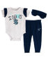 ფოტო #1 პროდუქტის Girls Infant White, Deep Sea Blue Seattle Kraken I Love Hockey Bodysuit Pants and Headband Set