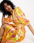 Фото #6 товара Vila textured satin wrap midi dress in orange abstract print