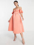 ASOS DESIGN – Schulterfreies Abschlussball-Kleid in Koralle mit gerüschtem Design