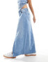 Vero Moda split front denim midi skirt with washed pocket detail in medium blue