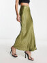 River Island satin bias midi skirt in khaki