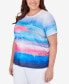 Фото #5 товара Plus Size Paradise Island Short Sleeve Watercolor Stripe Top with Side Ruching