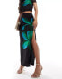 Kaiia mesh column side split maxi skirt co-ord in black and green flower print