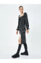 Фото #2 товара Çiçekli Midi Elbise Uzun Kollu Yırtmaç Detaylı U Yaka Önü Bağlama Detaylı
