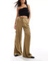 Bershka tie waist utility wide leg trousers in khaki