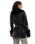 Lioness faux fur collar and cuff short belted leather look jacket in black