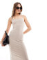 Bershka square neck bodycon midaxi dress in taupe