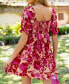 Women's Pink & Red Floral Square Neck Ruffle Mini Beach Dress