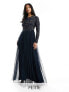 Maya Petite Bridesmaid long sleeve maxi tulle dress with tonal delicate sequin in navy