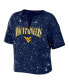 Women's Navy West Virginia Mountaineers Bleach Wash Splatter Cropped Notch Neck T-shirt