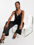 Little Mistress wide leg strappy jumpsuit in black satin