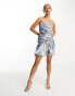 ASOS DESIGN draped bandeau corset satin mini dress with flippy skirt in blue ivory floral print