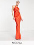Фото #1 товара ASOS DESIGN Tall knot front satin maxi dress with tie back detail in orange