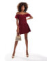 Фото #2 товара ASOS DESIGN chiffon mix bardot mini dress in wine