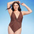 Фото #3 товара Women's Twist-Front Plunge One Piece Swimsuit - Shade & Shore Brown XS