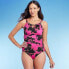 Фото #1 товара Women's High Neck Keyhole One Piece Swimsuit - Aqua Green Pink Floral Print M