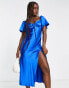 Love Triangle flutter sleeve midi dress in cobalt blue satin