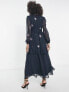 ASOS DESIGN shirred waist button through midi tea dress with all over embroidery in charcoal and purple