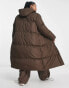 Threadbare Plus Jodie maxi puffer coat with hood in chocolate brown