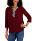 Фото #1 товара Petite Sequined-Trimmed Y-Neck 3/4-Sleeve Top, Created for Macy's