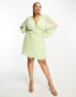 ASOS DESIGN Curve button through ruched waist pleated mini dress in metallic dobby in apple green