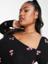 Фото #4 товара ASOS DESIGN Curve square neck top with red floral embroidery in black