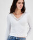 Juniors' V-Neck Lace-Trim Long-Sleeve Top