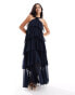 Vero Moda halterneck tiered maxi dress with corsage detail in navy blue Синий, S - EU 36 - фото #1