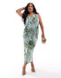 Фото #1 товара ASOS DESIGN Curve mesh twist halter maxi dress with drape bodice in tonal green shell print