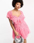 ASOS DESIGN Curve exclusive embroidered cut out mini dress with pephem and frills in pink